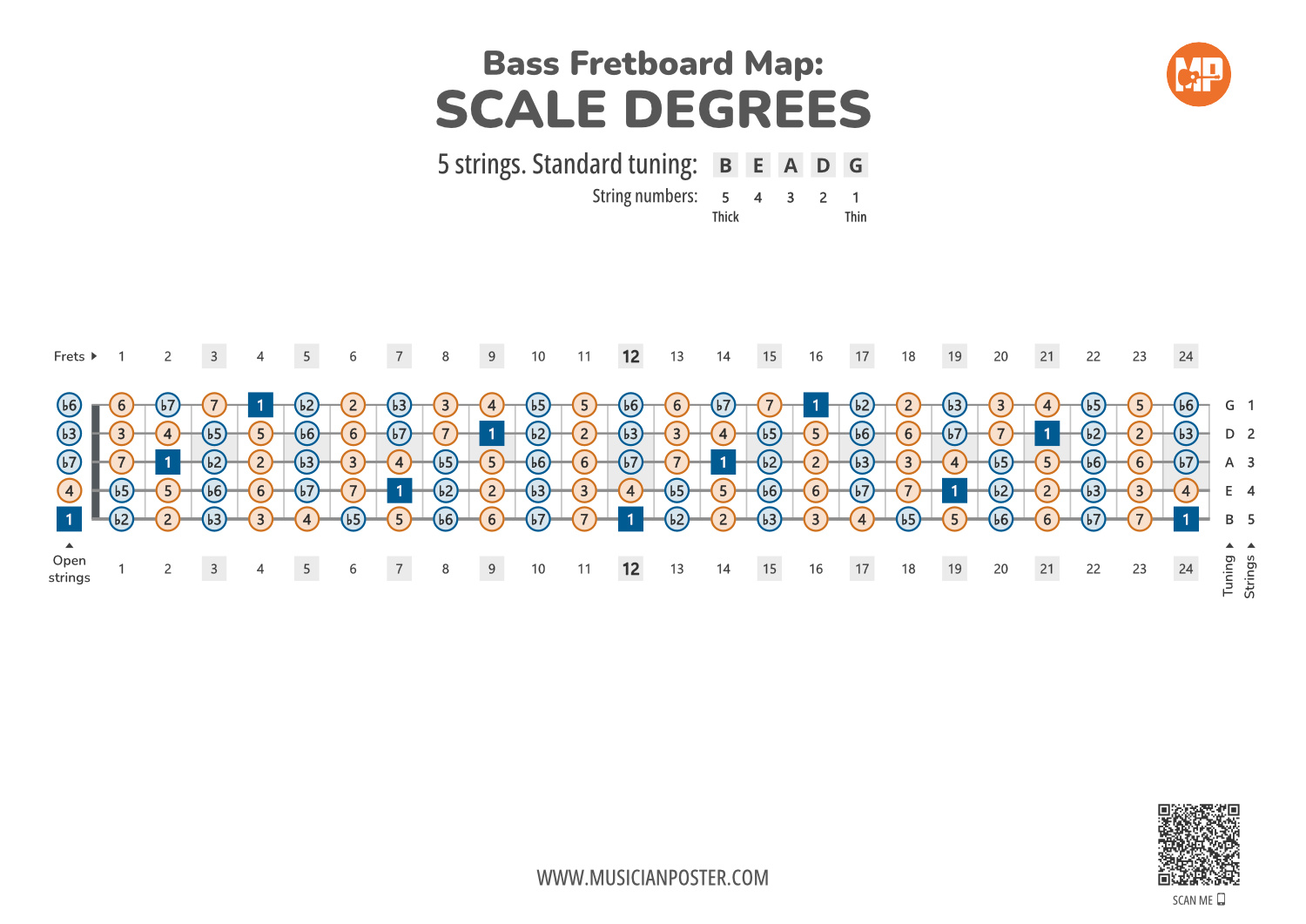 5-String Bass Printable Fretboard Chart With Scale Degrees