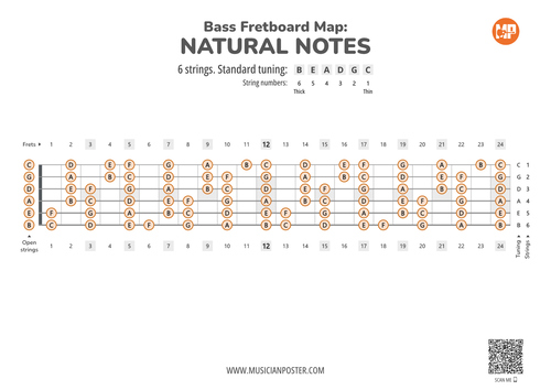 6-String Bass Printable Fretboard Map With Natural Notes